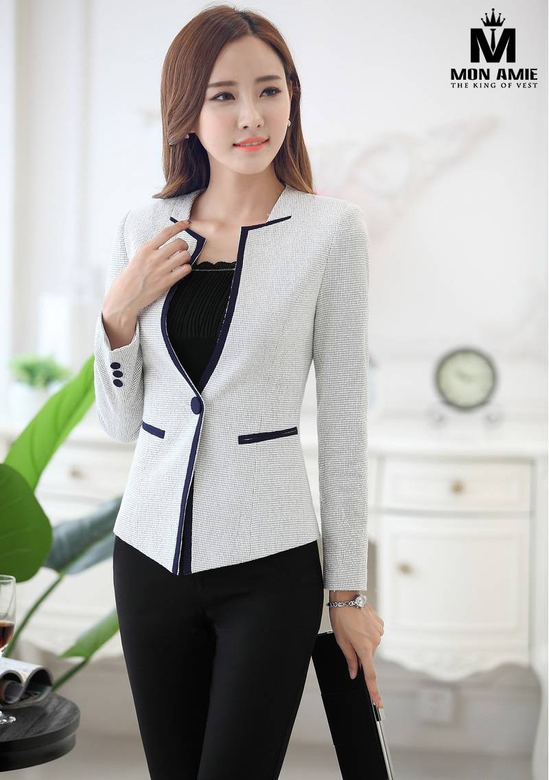 Bộ Vest Nữ Hàn Quốc Công Sở Trắng Viền Đen